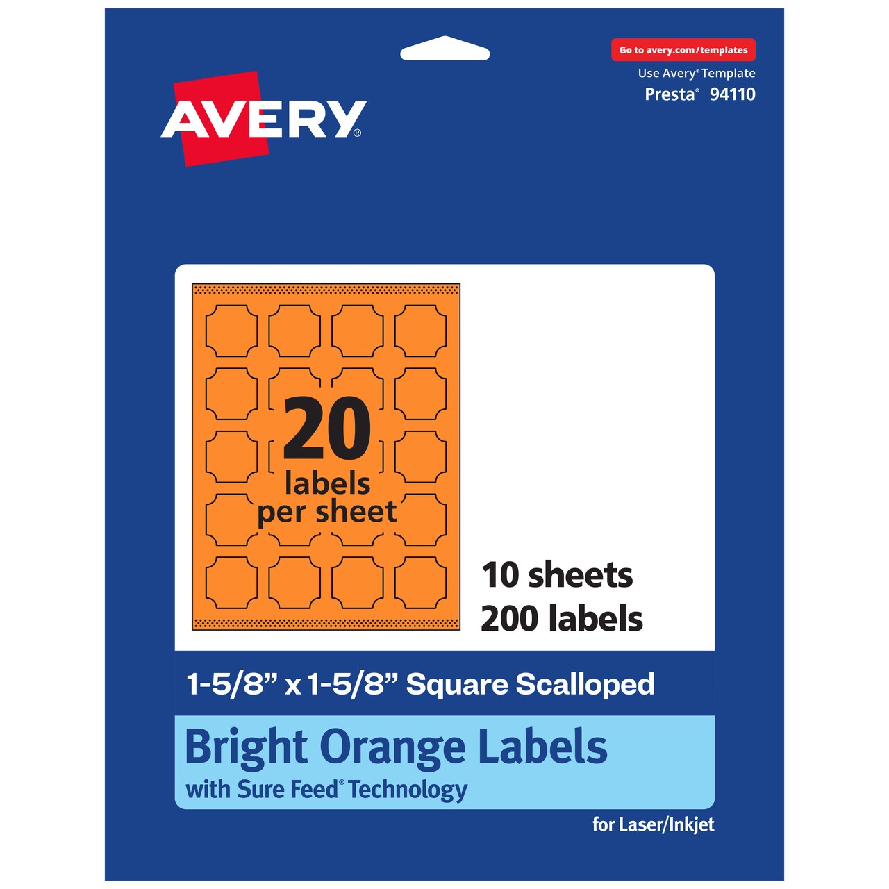 Avery Bright Orange Paper Labels, 1-5/8" x 1-5/8" Square Scalloped